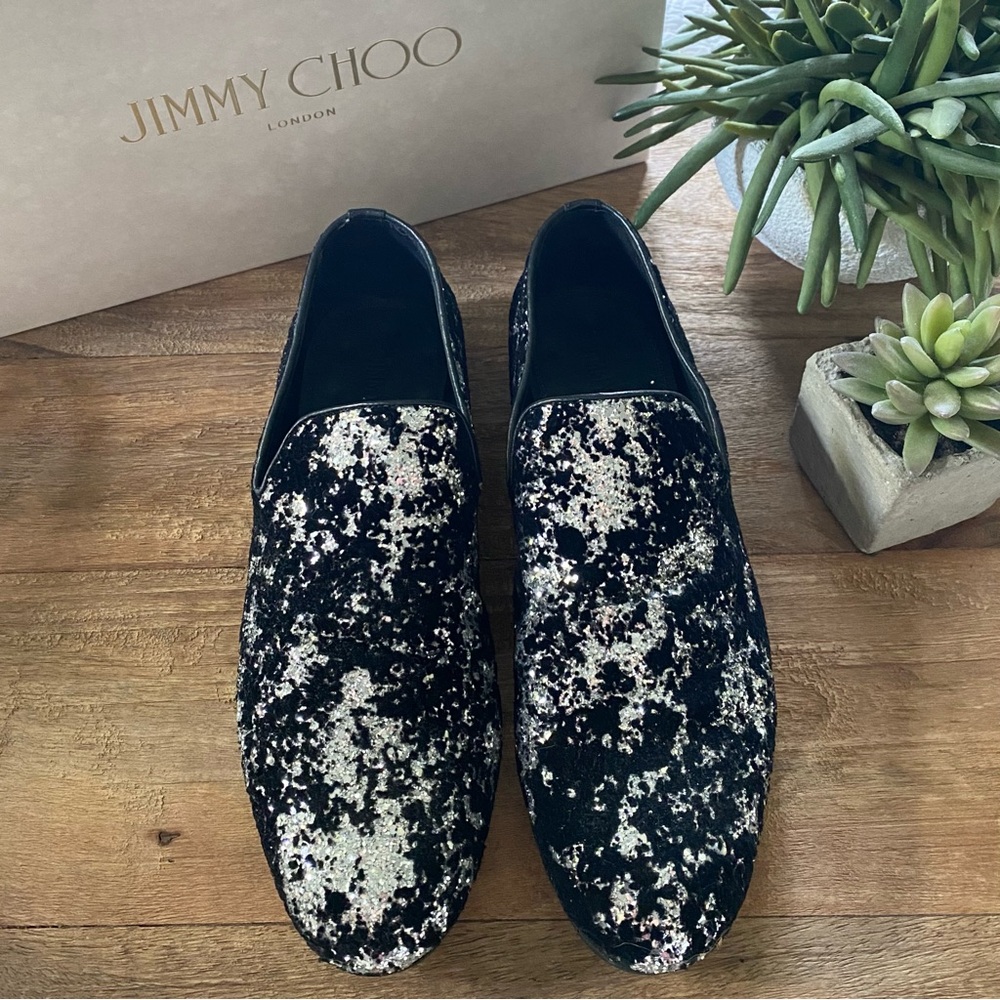 JIMMY CHOO Sloane Black Velvet & Glitter Loafers